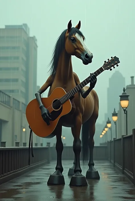 Horse whit big human feets holding a Guitar on a rooftop, realistic, rainy