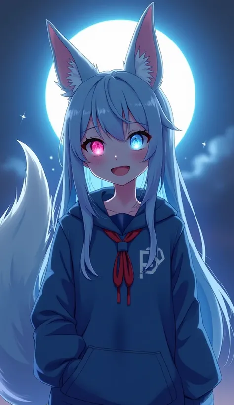 (Best quality,8K,high resolution,masterpiece:1.2),Digital Artwork, Anime fox girl，Delicate face，Delicate eyes，glowing blue Hair，long and straight hair, gamer style blue clothes, yandere girl, yandere evil laughing expression, badas stylized anime pose, bad...