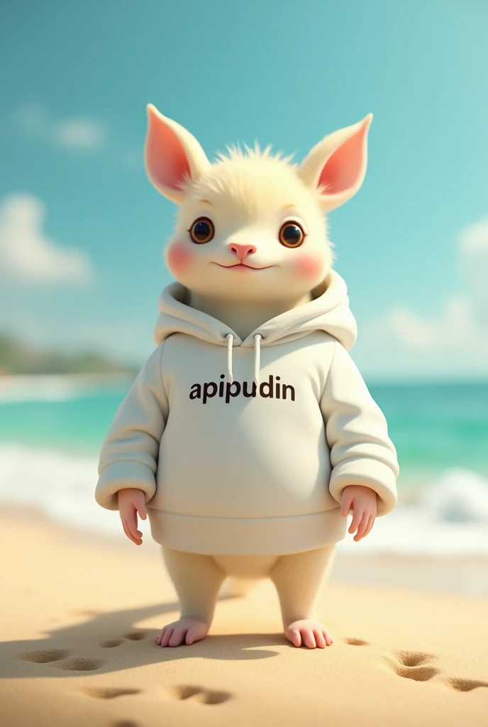 a small  was standing on the beach wearing white clothes that said "APIPUDIN"