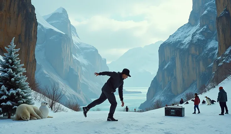 A professional breakdance dancer is wearing gear and bucket hat from an unknown sports manufacturer、  dancing breakdancing in front of them and forming a circle  、 Surreal Photography 。Theres a boombox in the corner  。 White Christmas,  An enchanting winte...