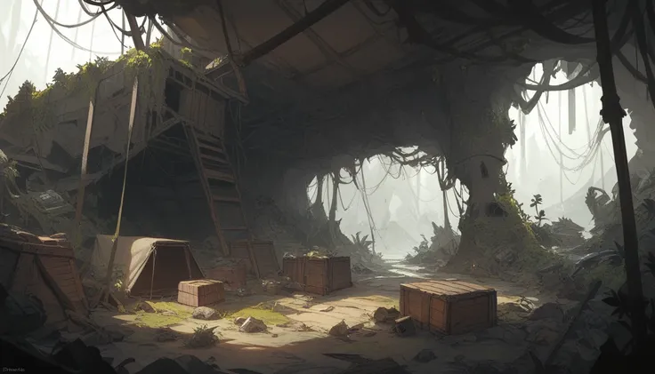 cave, dark art, tents, large stone boulders, scattered mining tools, debris, makeshift wooden structures, crates, dim light, diffused light, moss, small plants, stalactites, stalagmites, view from below, abandoned place