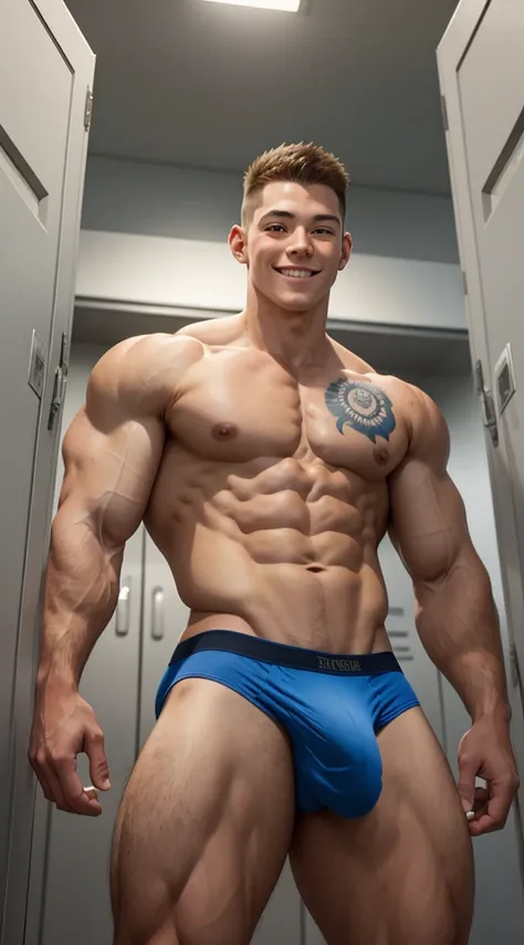 Draw a full-fledged muscular guy，Standing in the big locker room, He wear tight briefs, The man looks confident and, Shot from below，in gay_briefs, smile, tattoos, muscular hunk, 