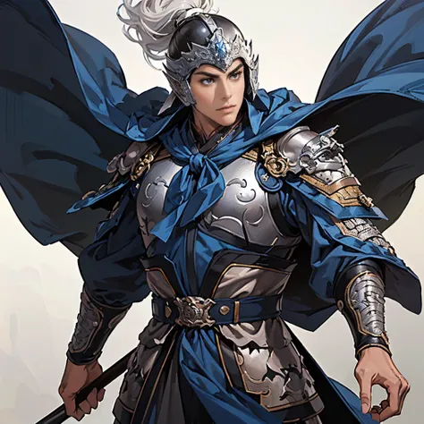 ( top quality ,4K,8k, high res,masterpiece:1.2),super detailed,(super fine illustration),((( A man in armor drawn in an anime-style illustration ))),20 years old,handsome man,Heroes of the Three Kingdoms:1.3, Confident Look ,((Long black hair and droopy ba...