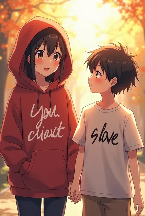 A young anime girl is wearing a beautiful Huddi and in frontof her Shirt only A word is written and also a boy is standing with her and only R word is written oh his shirt 