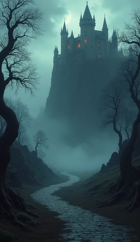 A crumbling castle looms atop a foggy cliff, its windows glowing faint red, while twisted trees with runic carvings line the path below. Shadows stretch across the forest floor as whispers echo through the mist. Bold gothic text glows "ANCIENT CRIME MYSTRY...