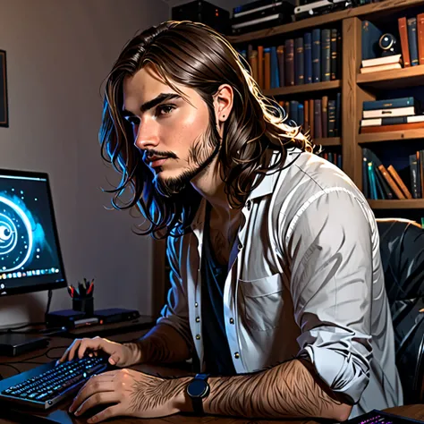 in the style of Charlie Bowater, (UHD), student, computer scientist, in his den, with his back to his computer, small belly(fat), long hair, unshaven, think wrinkles 