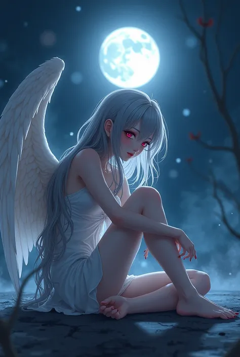 Beautiful Vampire under the moonlight while hurt with bird wings while sit down on the ground anime
