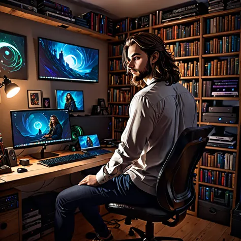 in the style of Charlie Bowater, (UHD), student, computer scientist, in his den, with his back to his computer, small belly(fat), long hair, unshaven, think wrinkles 