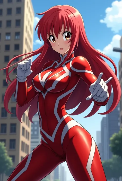  My Hero Academia style ,   anime girl , woman, young woman ,  full body shot ,( Fighting Stance :1.3),Long Hair,  red hair,  brown eyes , hero suit, Full Body Suit,  red suit with white details, perfect anatomy,  enhanced abs , super detailed,(building:1....