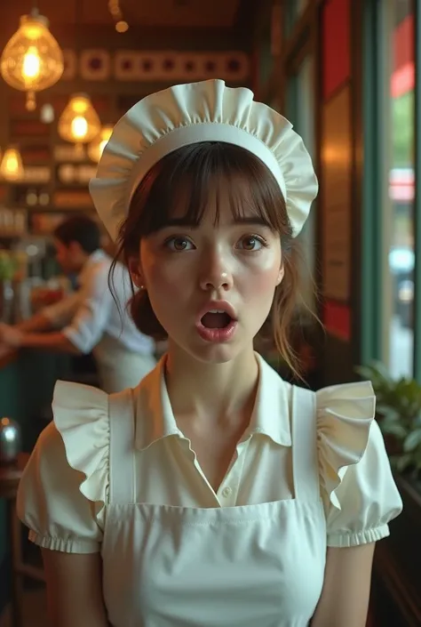 (high quality, surreal, high resolution, 8k image quality) French woman waiter, 18 years old, dressed as a maid, stands coffee store, surprised,shock face, gapes, looking camera, vibrant colors, sharp focus, cinematic light, (extremely complex: 1.04), (dec...