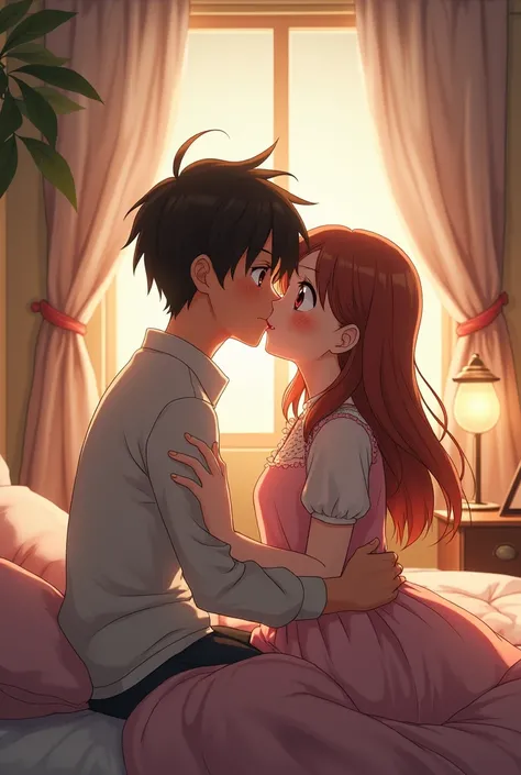 Beautiful Girl kiss Boy in bedroom anime