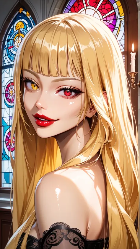 ( red eyes,  yellow eyes ), black lace , ((  right eye red , left eye yellow  )),  beautiful blonde villain  , (( long-haired blonde, bangs on the forehead)),  raised her head up, ((bangs)),  golden long hair with bangs, ((Heterochromia, ( right eye red ),...