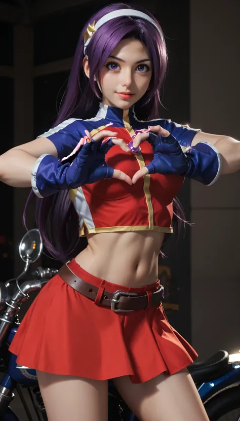 seductive, perfect lighting, perfect shadows, ATHKOF2002, purple hair, long hair, purple eyes, white hairband, blue sleeves, pearl (gemstone), short sleeves, red top, belt, fingerless gloves, navel, red skirt, biker shorts,RUKIA Style, (masterpiece), solo,...