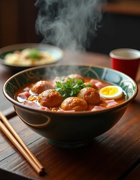 On the dining table there is a bowl of hot and smoky meatball soup, topped with boiled eggs and sliced ​​meat, looks very delicious and tempting, chopsticks are placed next to the bowl, studio lighting, super sharp image, high resolution, 4k