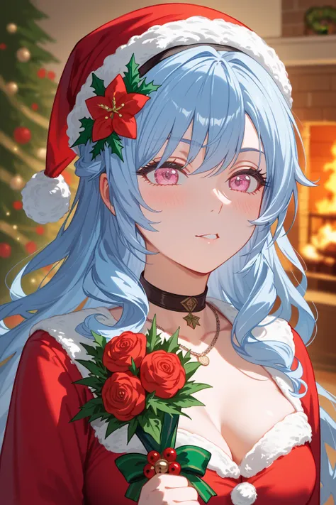 rocbouquet, romancing saga 2, seven heroes, pink eyes, light blue hair, (soft wavy hair:0.5),semi-long hair ,hair ornament, black choker ,necklace,black hairband, (Santa Claus costume), Dark green Santa belt
BREAK
25 year old woman、medium breasts, largish ...