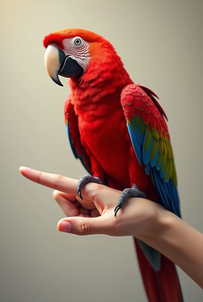 A red parrot on a finger