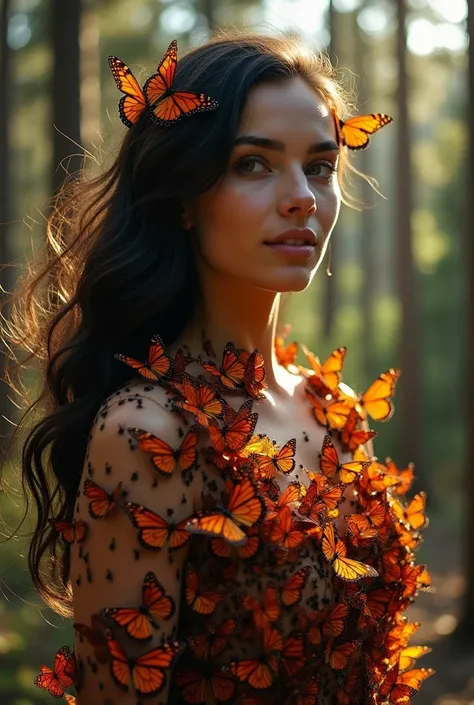 Beautiful dark haired woman entirely covered in orange black and red butterflies like a second skin a gossamer dress that is almost part of her, covered in butterflies, as if they are coming out of her chest her heart, dappled sun beams through the pine fi...