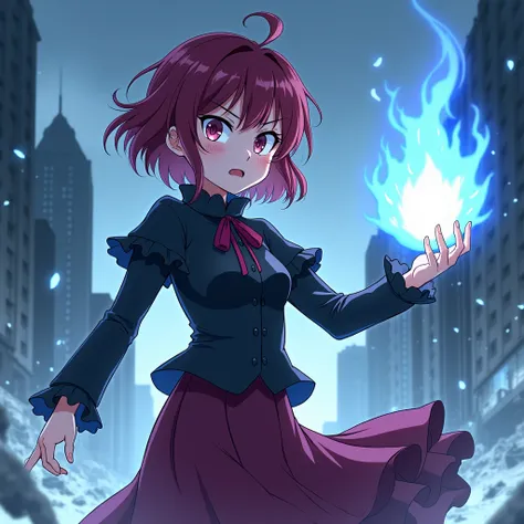 anime style, full body view of mahou shoujo whose magical powers are based on blue fire, she has short disheveled  dark red hair , furious as she summons a ball of blue flames in her right hand in an attack position. A pale blue glow surrounds her body.

H...