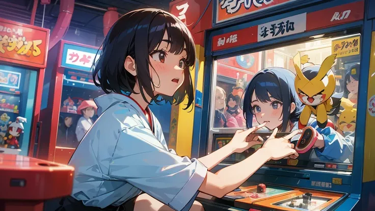 young woman face profile. in a lively Japanese game center. She is intensely playing a crane arcade game, her face showing a concentrated and funny expression as she tries hard to win. The crane machine is filled with multiple small Doraemon toys as prizes...