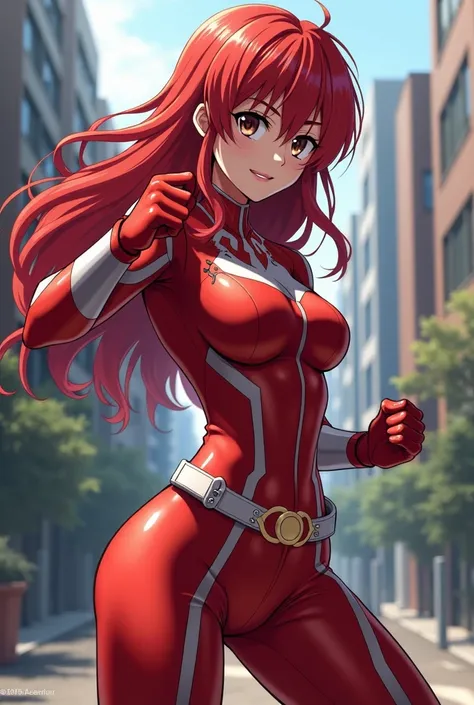  My Hero Academia style ,   anime girl , woman, young woman ,  full body shot ,( Fighting Stance :1.3),Long Hair,  red hair,  brown eyes , hero suit, Full Body Suit,  red suit with white details, perfect anatomy,  enhanced abs , super detailed,(building:1....