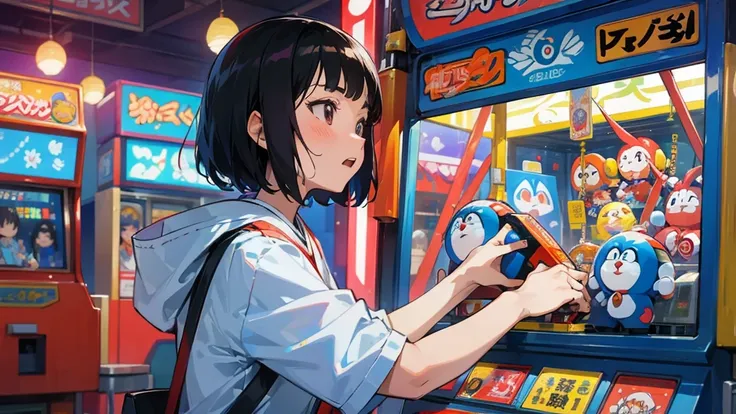 young woman face profile. in a lively Japanese game center. She is intensely playing a crane arcade game, her face showing a concentrated and funny expression as she tries hard to win. The crane machine is filled with multiple small Doraemon toys as prizes...