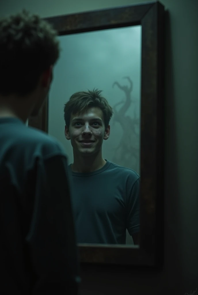 " The reflection in the mirror shows a distorted version of the young man,  with empty eyes and a sinister smile .  The background of the reflection is a dark and different environment , filled with fog and creepy shapes ,  while the real world is the diml...