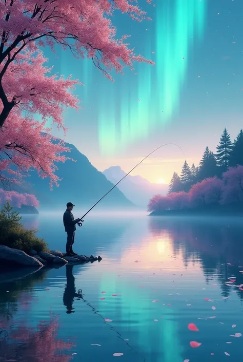 a man is fishing at a tranquil lake. sakura petals are raining in. the sky is filled with aurora. the lake has a clear reflection of the environment.