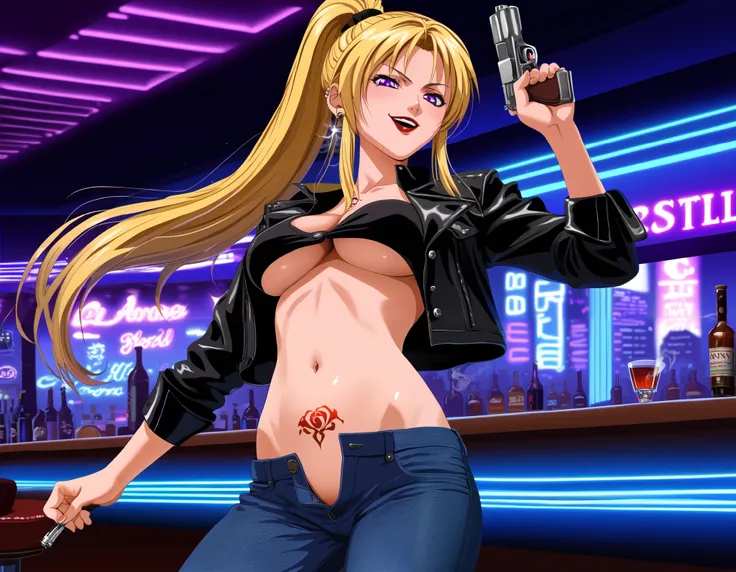 looking at viewer,evil smile,shaded_face,parted lips,looking down,
solo,KaoriSaeki,1girl,blonde hair,ponytail,purple eyes,
, ear piercing, long hair, blush, lipstick,Hot girl, baddie, smoking, sensual, attractive ,bar
background, inside bar,indoors, citysc...