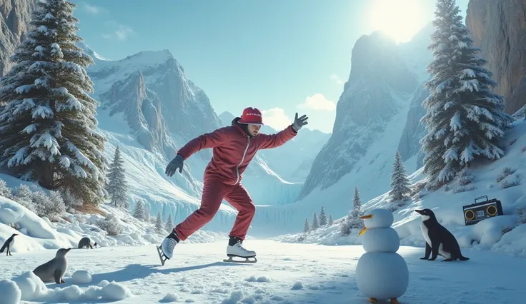 Figure skater wears gear and bucket hat from an unknown sports manufacturer、  dancing breakdancing in front of them and forming a circle  、 Surreal Photography 。Theres a boombox in the corner  。 White Christmas,  An enchanting winter wonderland .polar bear...