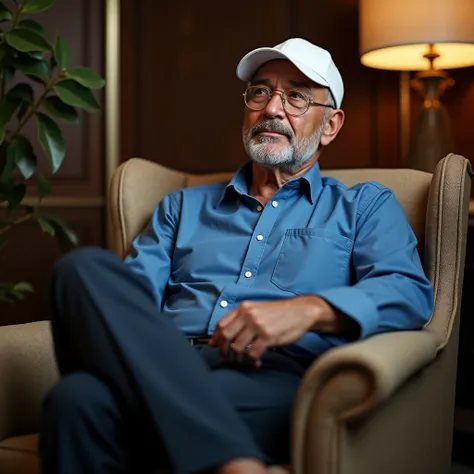 Middle aged man sitting in a luxury armchair with a cross leg is wearing a white cap, a blue shirt and long pants, he is staring at the camera. 