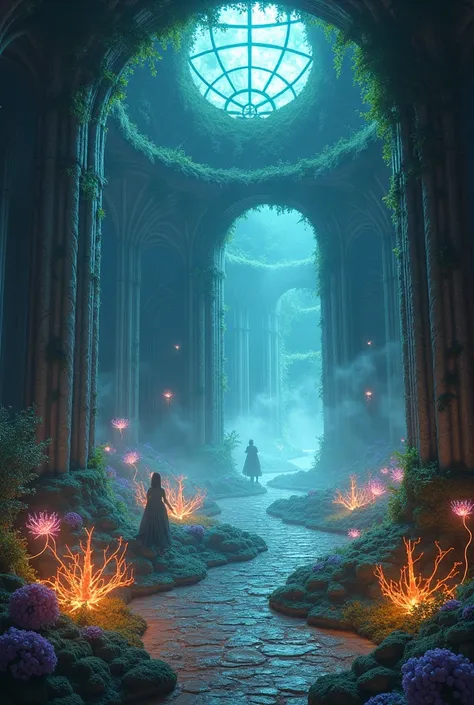  a magical labyrinth full of mysteries and secrets is surrounded by glowing crystals and unusual plants,  Mysterious atmosphere 
