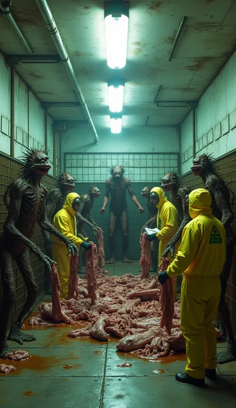 A sterile, clinical room with harsh fluorescent lighting. Ten monstrous humanoids are chained together in a central feeding pen made of rusted metal, with reinforced bars. Each monster is unique: one has multiple heads with gaping mouths, another oozes a t...