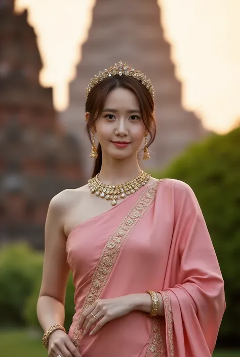 A photorealistic image of a stunning Thai woman with a sexy and elegant physique, wearing a luxurious traditional Thai costume in pink and gold tones. The costume is made of silk with intricate gold embroidery. She is adorned with detailed golden jewelry i...