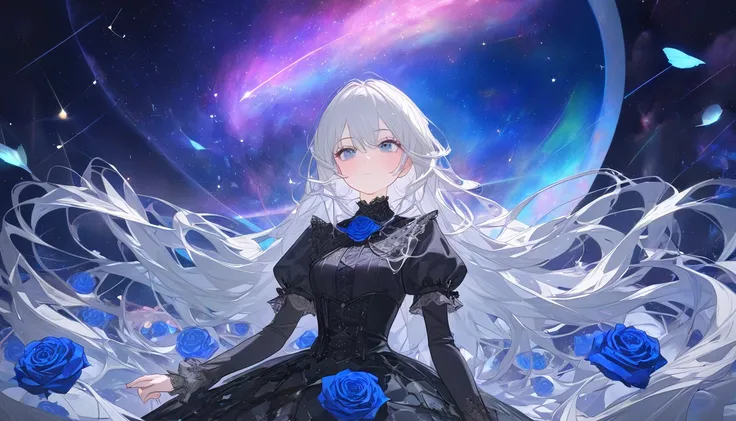 ((masterpiece:1.4)), (best quality), (ultra-detailed), anime style, 1girl, white hair, long hair, (gothic ****ta), musical note, shooting star, space, galaxy, aurora, seven-colored light, (blue rose:1.2), butterfly, constellation, girl riding on a crescent...