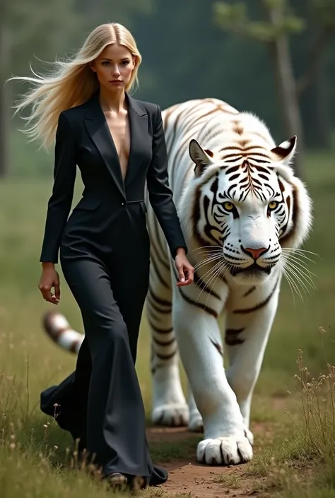 Beautiful woman wearing a black long suit with blonde hair walks alongside a white tiger