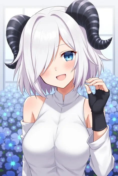 1girl, bethel, blue eyes, bare shoulders, breasts, medium breasts, short hair, white hair, hair over one eye, bangs, gloves, sleeveless, solo, shirt, fingerless gloves, white shirt, sleeveless shirt, arms behind back, off shoulder, horns, smile, (masterpie...