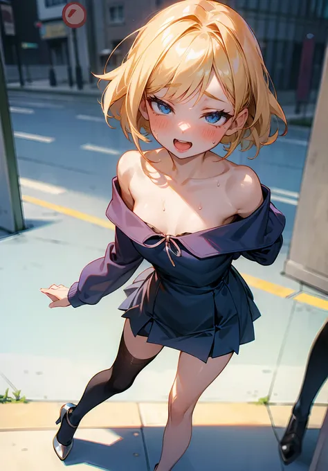 1 petite, slender girl, navy blue off-the-shoulder shirt、 metallic pink bikini, lips, open_mouth, Realistic city, Alone,(masterpiece),( top quality ), ( super high res), Blonde, Blue-eyed girl with middle bob hair, (Sexually excited and blushing 、 sweaty )...