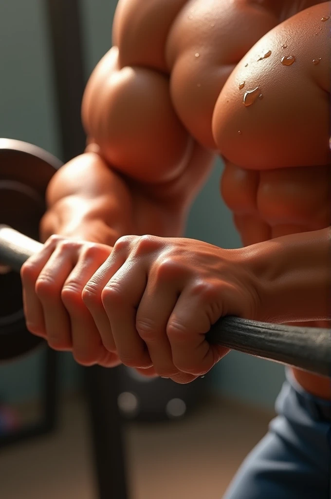 pixar drawing style.  A close up of muscular arms holding a weight bar, with drops of sweat shimmering in the light .