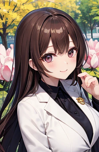 （Beautiful sister:1.3）、 happy face, spring vibe、 in a suit、Goo Punch、noon、Brown Hair、 long hair, big breasts