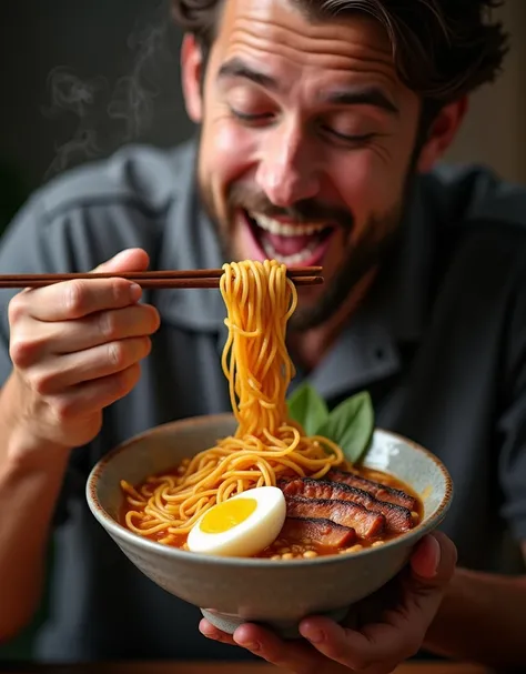 A Man is enjoying a bowl of hot and steaming noodles with joy, topped with boiled egg and sliced ​​meat, looks very delicious and tempting, studio lighting, product advertising quality, super sharp image, high resolution, 4k