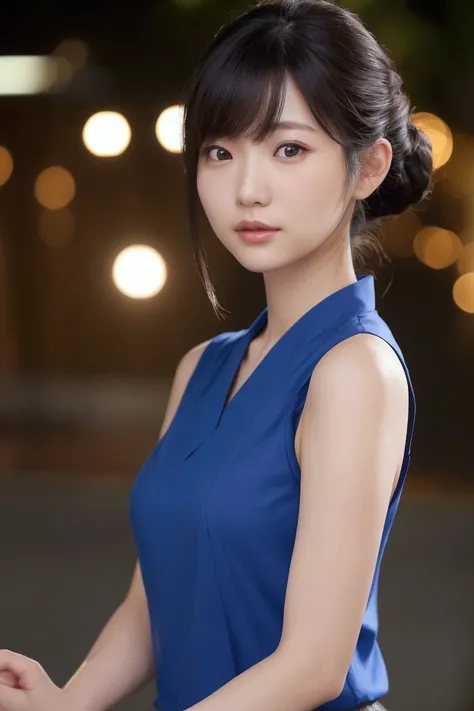 woman, Japanese , blue shirt , sleeveless , Realistic Details ,  high res,Bokeh, Outstanding Details 