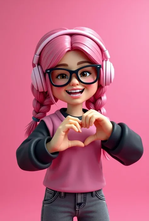  make a Roblox doll with braided pink hair,Black glasses on the face, pink headphone on head ,pink blouse with black sleeve ,Gray jeans,background of the pink image , making heart with hands