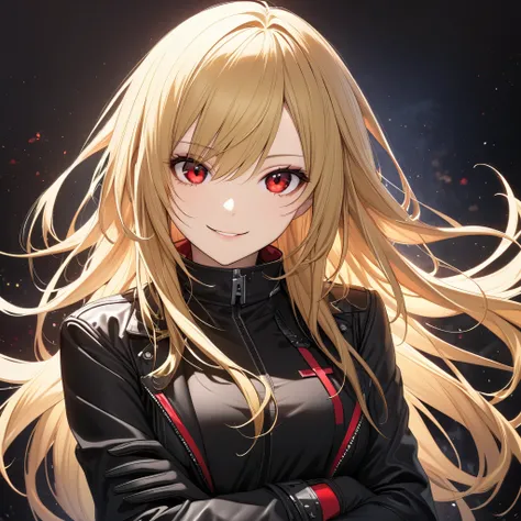 Higg resolution, high quality, hd, beautiful female, 1 female, pretty, beautiful, long blonde hair, dark blonde hair, dark red eyes, dark eyes, red eyes, smile, black leather jacket, black gloves, cross arms, half body, looking at viewer