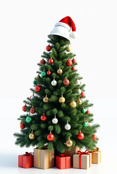 Christmas tree with several beautiful ornaments and a white safety helmet and a nice Christmas hat on the top but showing the whole tree and with a white background