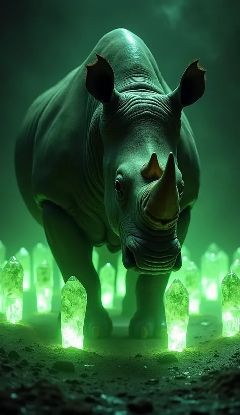 "In a dim, mysterious setting, a mighty rhino stands surrounded by a crowd of glowing Peridot Diamonds. The rhino’s tough, textured hide reflects the soft green light radiating from the diamonds, which appear as crystalline humanoid forms, each shimmering ...