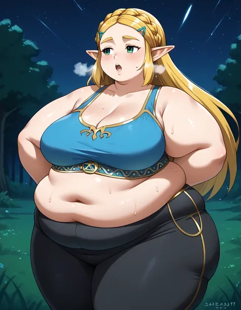 masterpiece, best quality, highres, aazelda, Princess_Zelda, long hair, crown braid, hairclip, pointy ears, blue tanktop,, black pants with yellow stripes, tight pants, night, standing, cowboy shot, outdoors, hands on hip, open mouth, out of breath, sweaty...