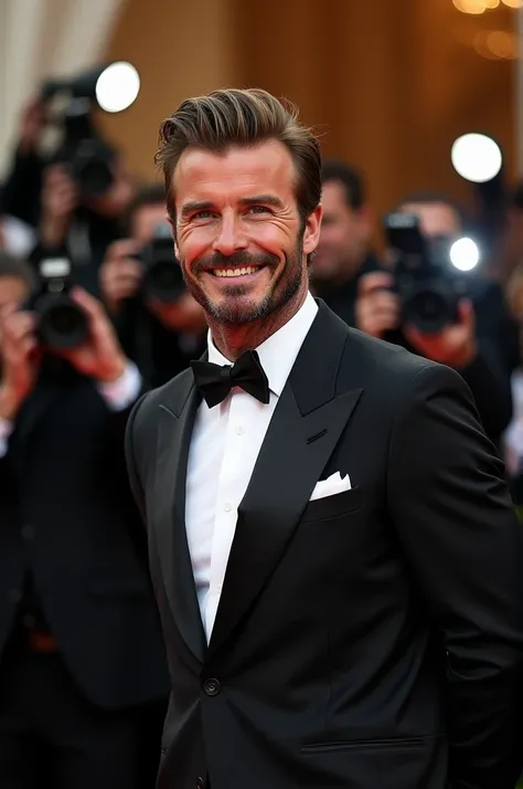 image of david beckham, polished suit, little smile, posing for paparazzi in a luxury event, flashlights around him 