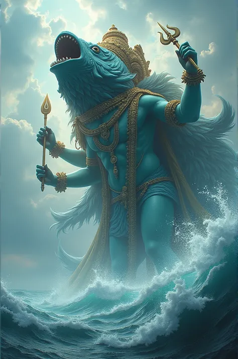 lord vishnu in huge fish coming out of sea