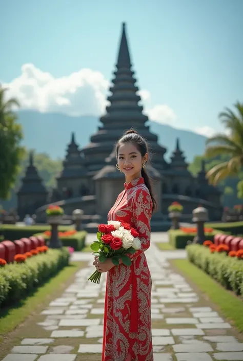  The picture is a portrait-style photograph featuring a young Indonesian woman with her hair in a conde tie and white skin ,  sharp eye view while standing carrying stylish red and white roses .  She is wearing a Balinese kebaya style dress , fitted with b...