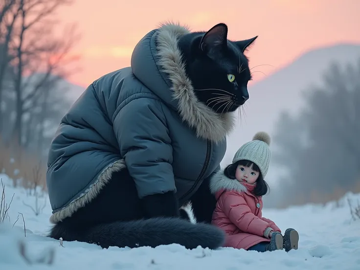 illustration， a big cat in a down jacket ，The cat is wearing a down jacket ，Wearing a scarf，A photo of a black-haired girl wearing a cotton coat and a white woolen hat，A winter valley，Snowy，（A girl sitting next to a giant cat：1.2）， The girl and the big cat...